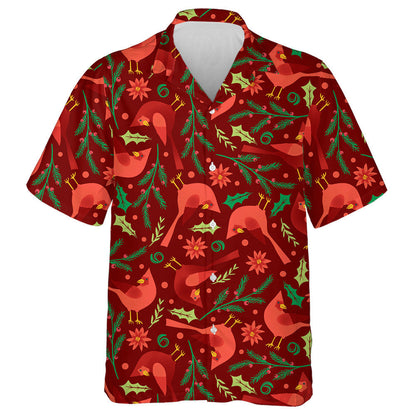 Watercolor Red Cardinal And Poinsettias Ditsy Hawaiian Shirt, Hwaiian For Gift