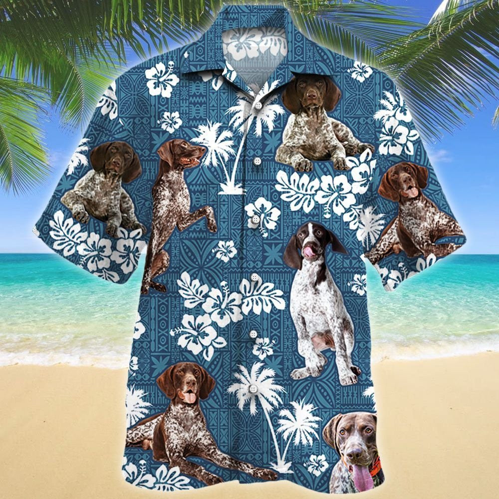 Lovely Style German Shorthaired Pointer Blue Tribal Pattern Hawaiian Shirt, Hawaiian Shirt Gift, Christmas Gift