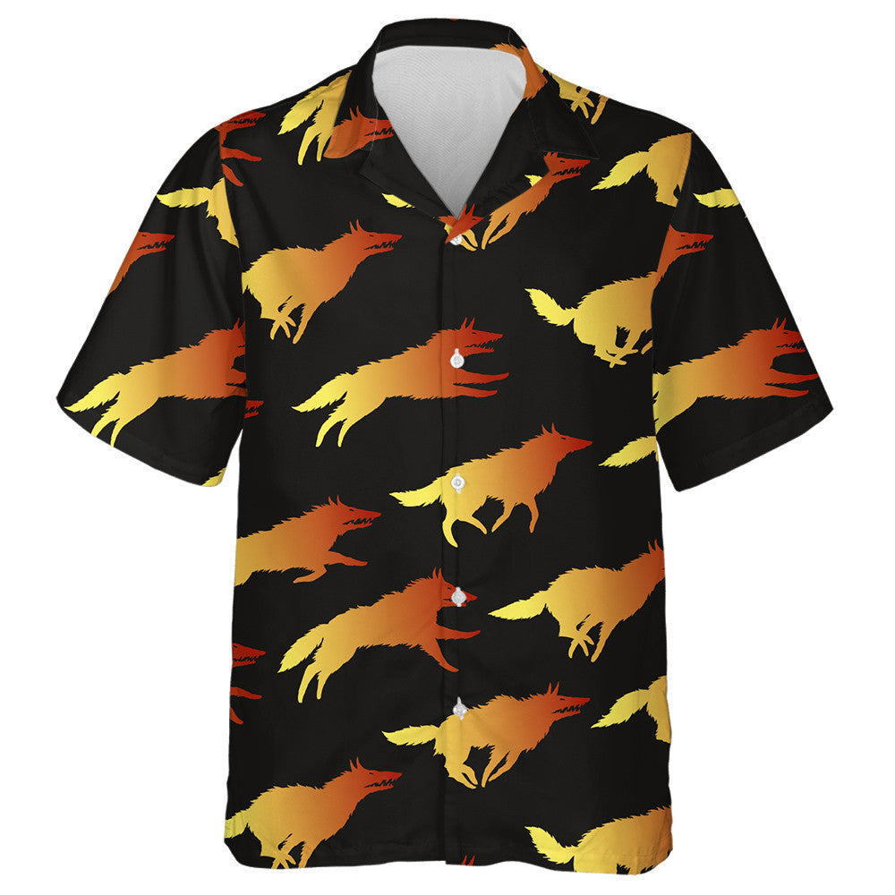 Silhouettes Of Different Yellow Red Wolf Hawaiian Shirt,Hawaiian Shirt Gift, Christmas Gift