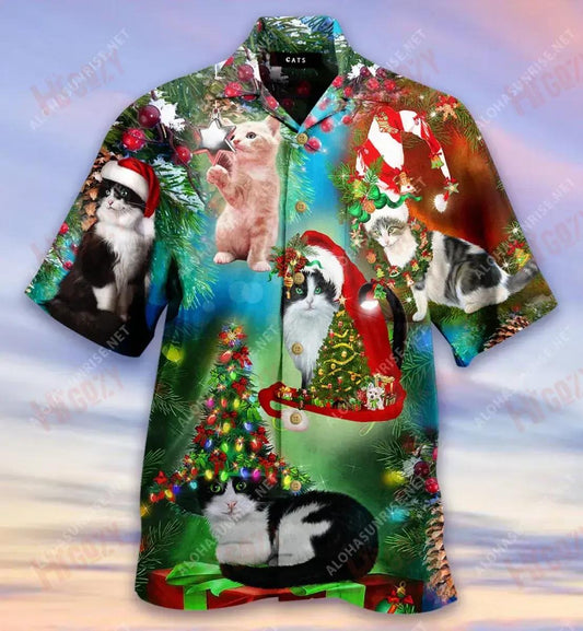 Trust A Man Who Likes Cats Christmas Short Hawaiian Shirt Vacation Aloha Shirt Custom Hawaiian Shirts Hawaiian Shirts For Men, Hawaiian Shirt Gift, Christmas Gift