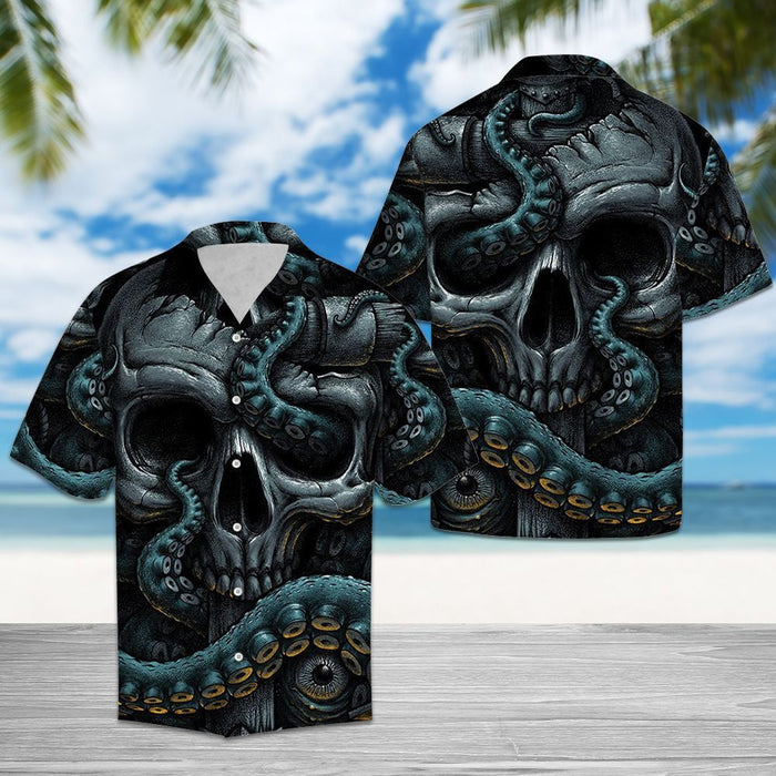 Blue Octopus Wrapped Skull Head Hawaiian Shirt, Hawaiian For Gift