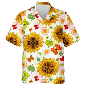 Floral Summer Pattern With Sunflowers And Butterflies Hawaiian Shirt,Hawaiian Shirt Gift, Christmas Gift