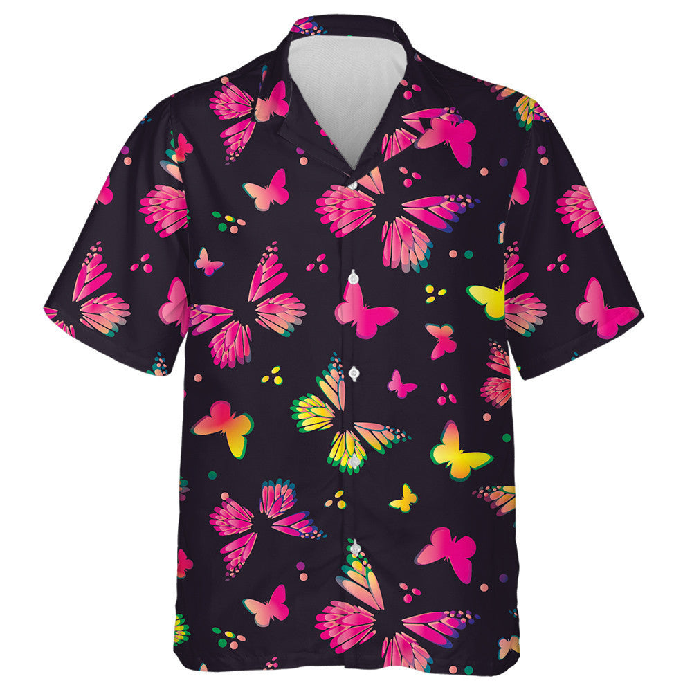Colorful Yellow And Pink Butterflies On Black Hawaiian Shirt, Hawaiian Shirt Gift, Christmas Gift