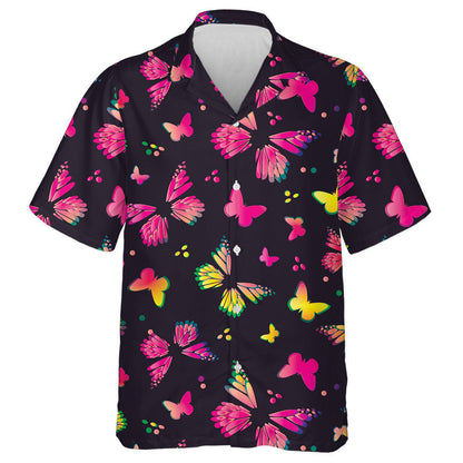 Colorful Yellow And Pink Butterflies On Black Hawaiian Shirt, Hawaiian Shirt Gift, Christmas Gift