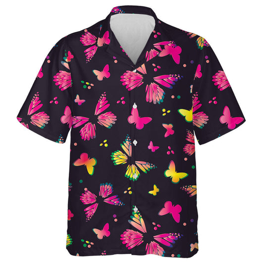 Colorful Yellow And Pink Butterflies On Black Hawaiian Shirt, Hawaiian Shirt Gift, Christmas Gift