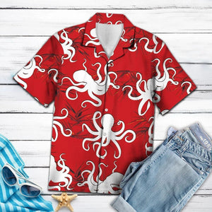 White Octopus In Red Pattern Hawaiian Shirt, Hwaiian For Gift