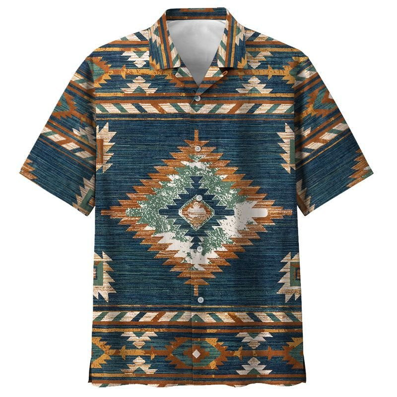 Native American Blue And Orange Triangle Style Hawaiian Shirt, Hawaiian Shirt Gift, Christmas Gift