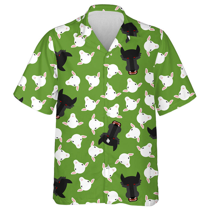 Wolf And White Sheep On Green Background Hawaiian Shirt,Hawaiian Shirt Gift, Christmas Gift