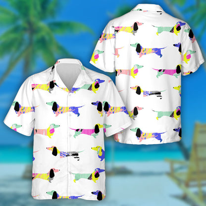 Geometric Dachshunds Blue And Yellow Colors Hawaiian Shirt,Hawaiian Shirt Gift, Christmas Gift