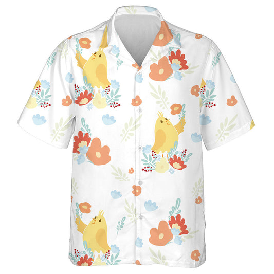 Happy Yellow Chicken With Colorful Flowers Hawaiian Shirt, Hawaiian For Gift