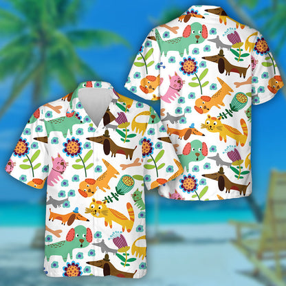 Funny Cat And Dog Animals In Flowers Hawaiian Shirt, Hawaiian Shirt Gift, Christmas Gift