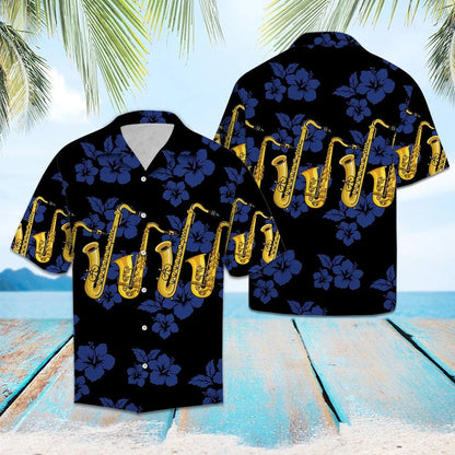 Golden Saxophone With Blue Hibiscus In Black Hawaiian Shirt, Hawaiian Shirt Gift, Christmas Gift