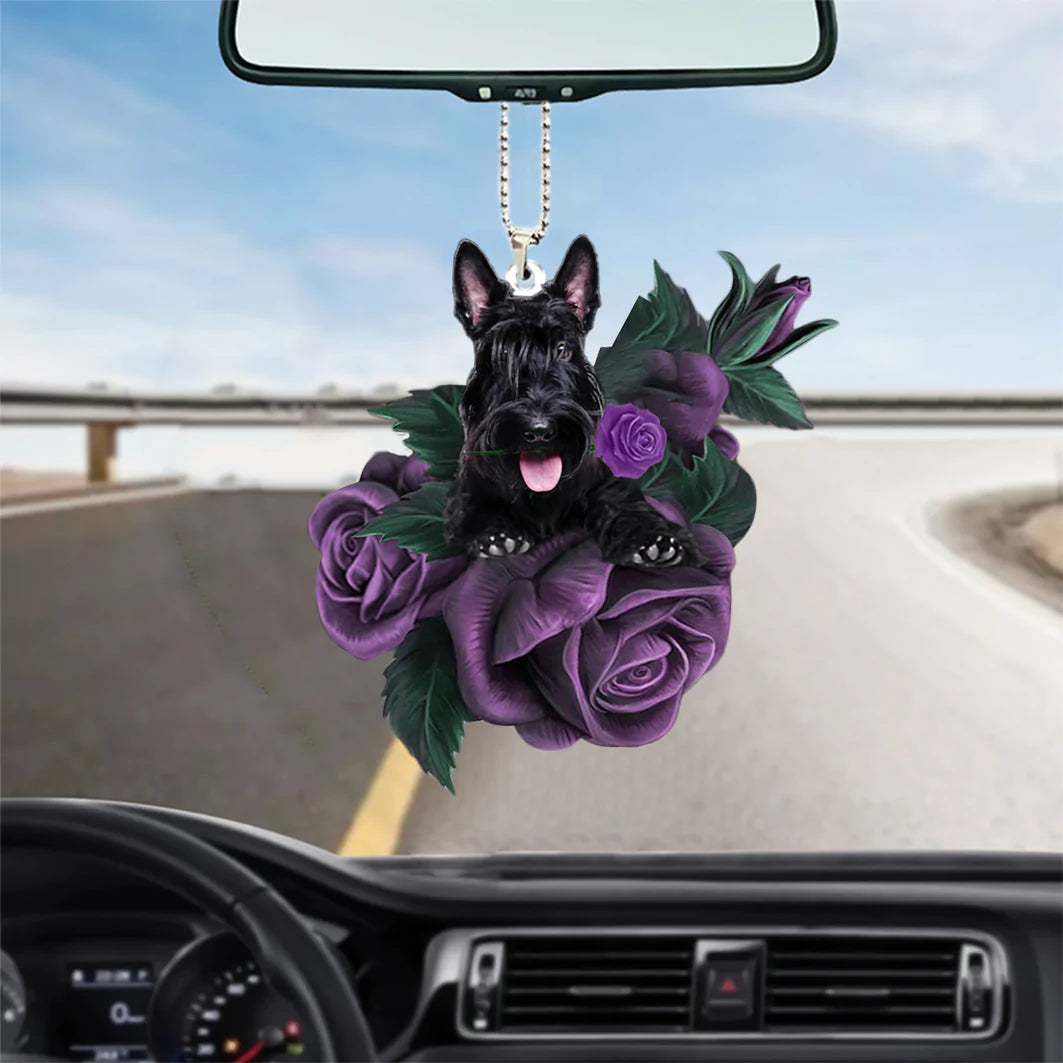 Scottish Terrier In Purple Rose Car Hanging Ornament, Christmas Decoration