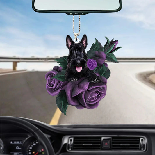 Scottish Terrier In Purple Rose Car Hanging Ornament, Christmas Decoration