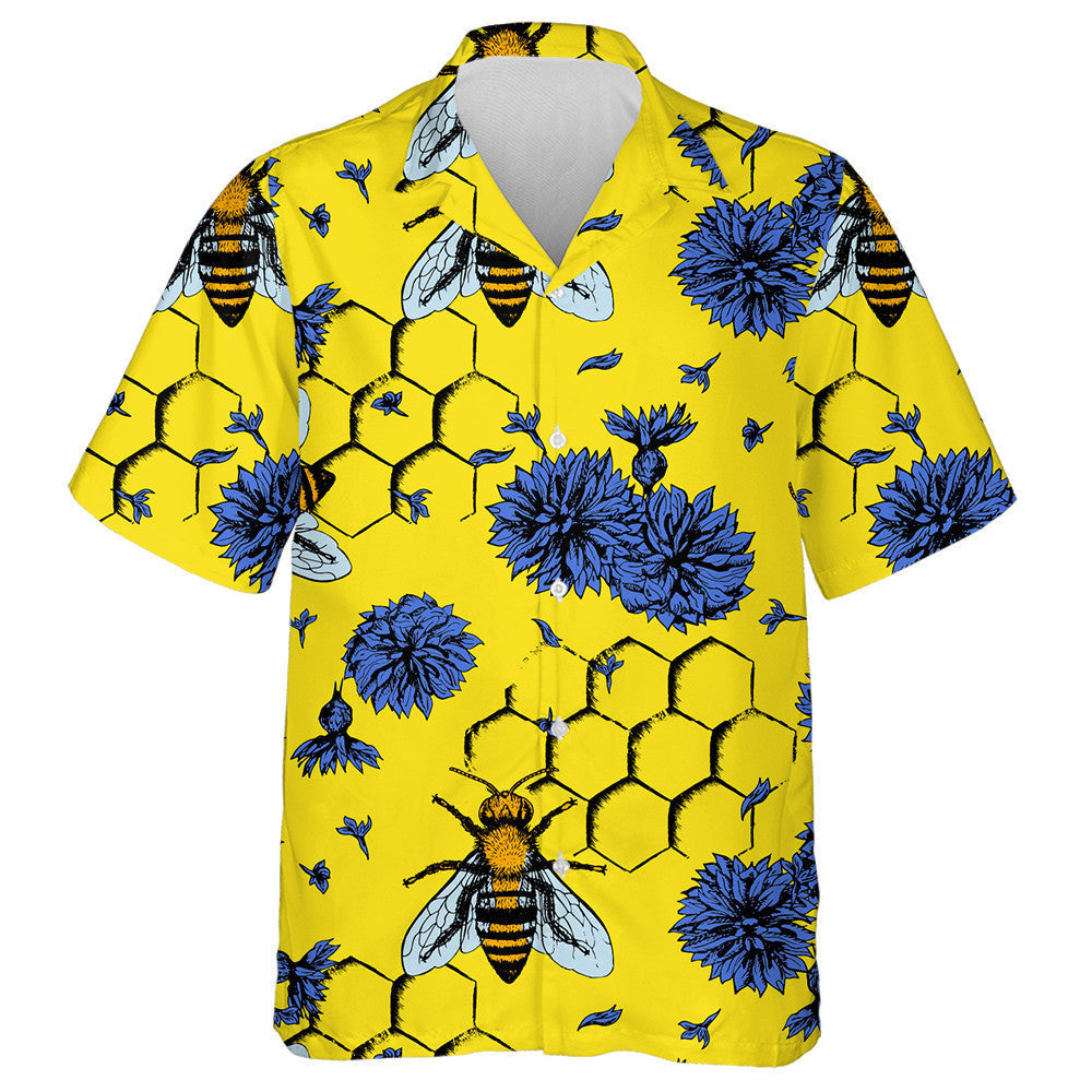 Natural Summer Bees And Blue Flowers Hawaiian Shirt,Hawaiian Shirt Gift, Christmas Gift