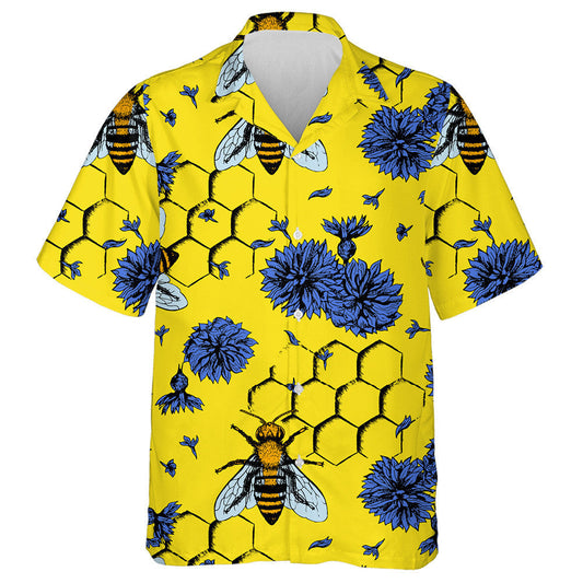 Natural Summer Bees And Blue Flowers Hawaiian Shirt,Hawaiian Shirt Gift, Christmas Gift