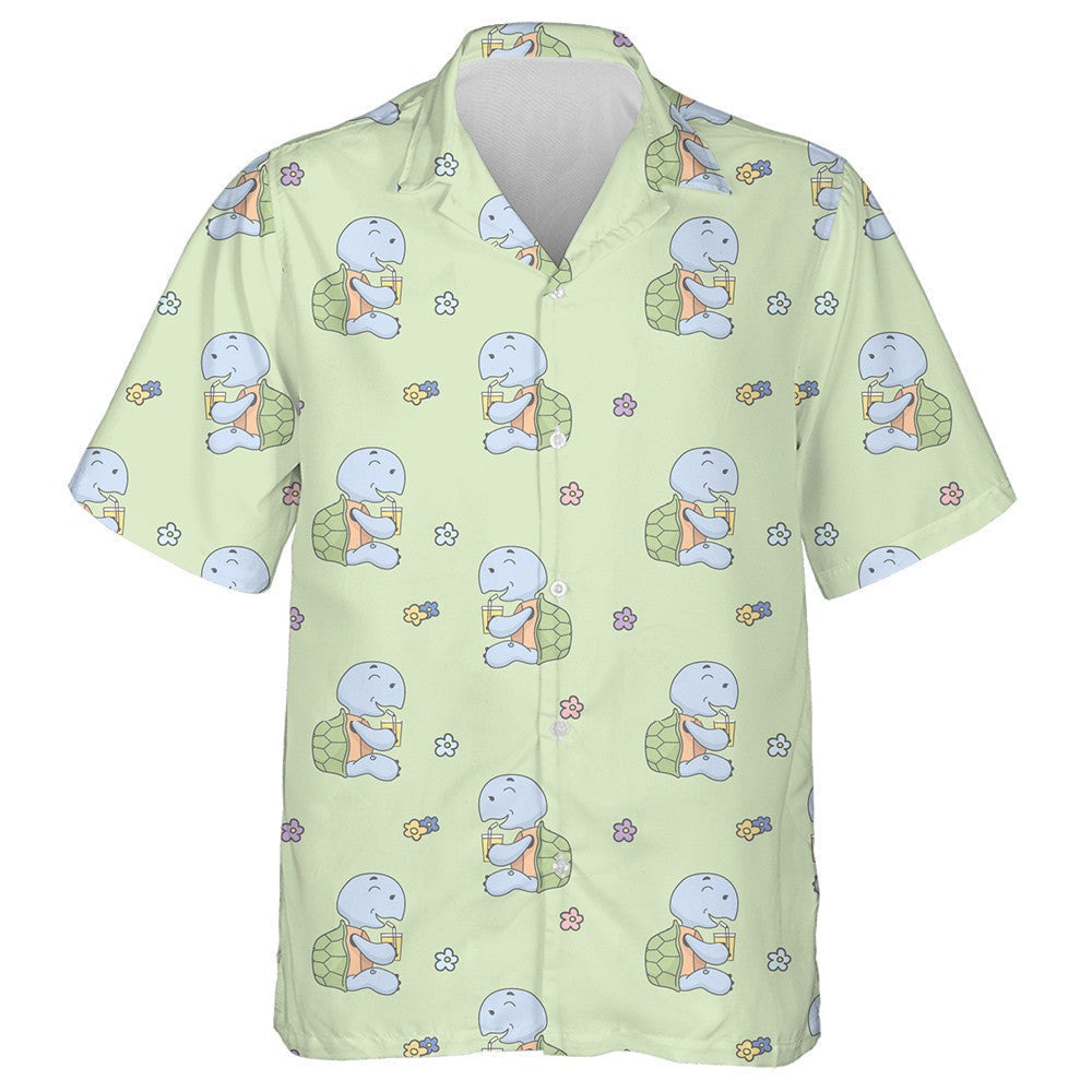 Kawaii Turtle Drink And Flower On Green Hawaiian Shirt, Hawaiian Shirt Gift, Christmas Gift