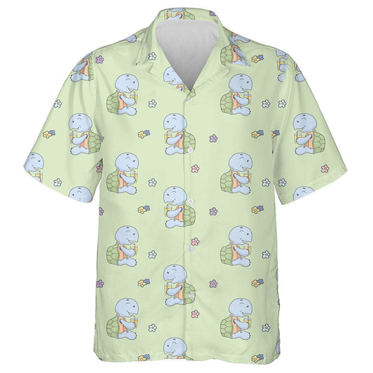 Kawaii Turtle Drink And Flower On Green Hawaiian Shirt, Hawaiian Shirt Gift, Christmas Gift