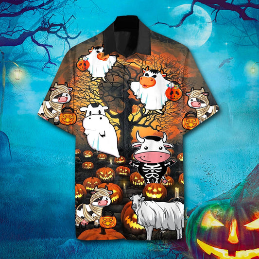 Scary Night Cow Halloween Design Hawaiian Shirt,Hawaiian Shirt Gift, Christmas Gift