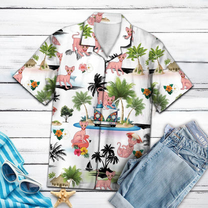 Cartoon Sphynx Vacation On Island Pattern Hawaiian Shirt, Hawaiian For Gift
