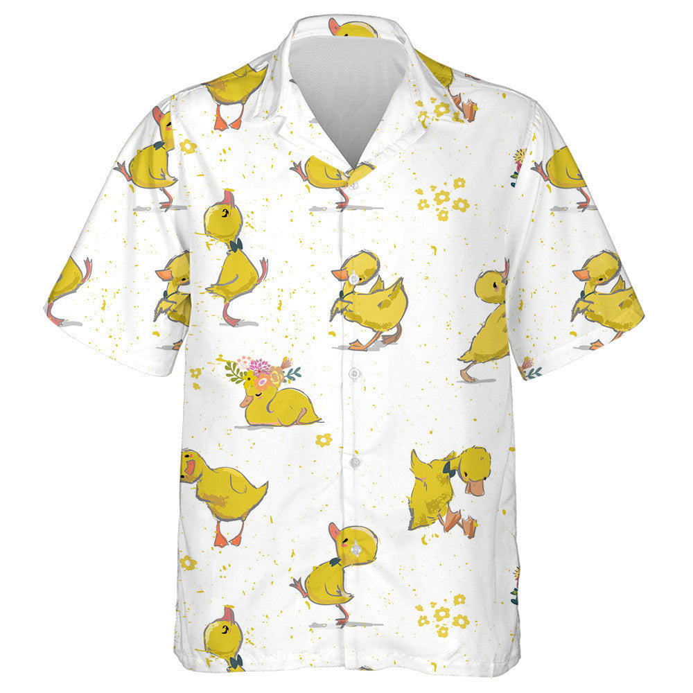 Little Duckling Playing With Flower On White Hawaiian Shirt, Hawaiian Shirt Gift, Christmas Gift