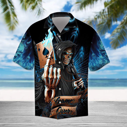 Blue Flame Skull Gothic Theme Hawaiian Shirt, Hawaiian For Gift