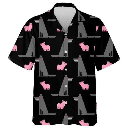 Grey Wolf And Pink Pig On Black Hawaiian Shirt, Hawaiian Shirt Gift, Christmas Gift