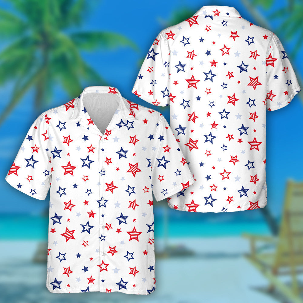 Sparkling Red Blue Stars White Background Hawaiian Shirt,Hawaiian Shirt Gift, Christmas Gift