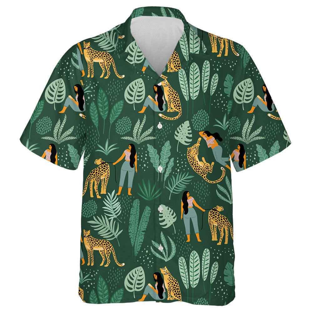 Leopards With Women And Tropical Leaves Hawaiian Shirt, Hawaiian For Gift