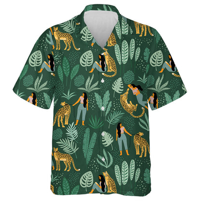 Leopards With Women And Tropical Leaves Hawaiian Shirt, Hawaiian For Gift