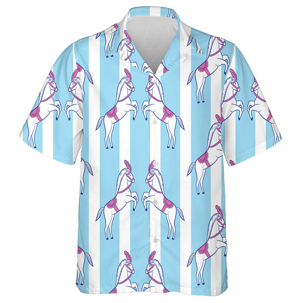 Circus Horses Standing White And Blue Stripes Hawaiian Shirt, Hawaiian Shirt Gift, Christmas Gift