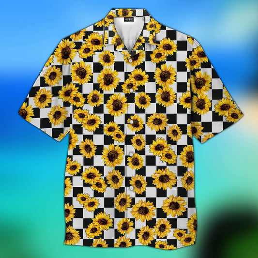 Hippie Sunflower Checkerboard Theme Pretty Ornamental Hawaiian Shirt,Hawaiian Shirt Gift, Christmas Gift