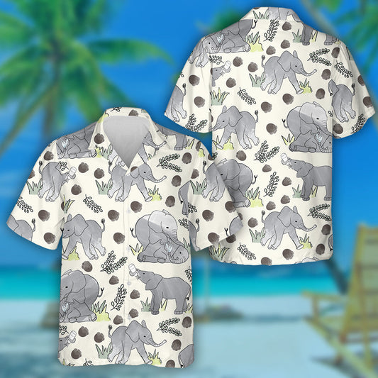 Young Playful Elephants With Footprint And Leaf Hawaiian Shirt,Hawaiian Shirt Gift, Christmas Gift