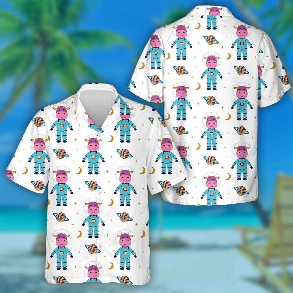 Cartoon Cows And Cute Space Bulls Hawaiian Shirt, Hawaiian For Gift