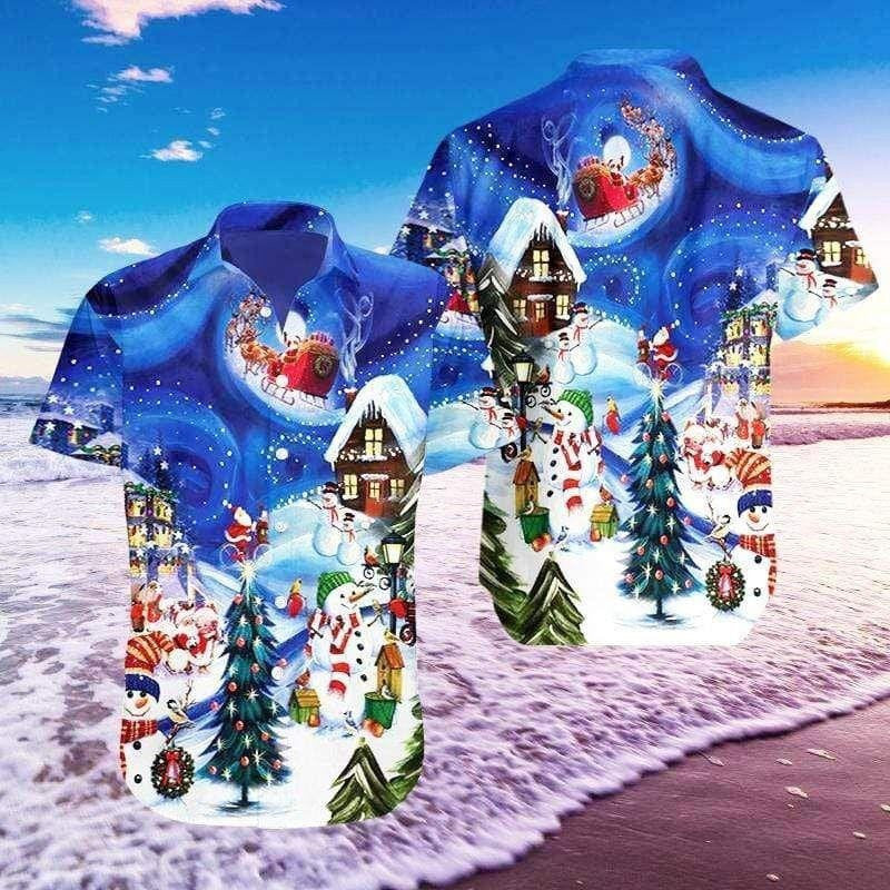 Beautiful Christmas Sky With Snowman Design Hawaiian Shirt, Hawaiian For Gift