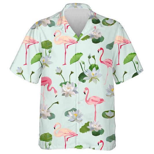 Flamingo Bird And Waterlily Flowers Background Hawaiian Shirt,Hawaiian Shirt Gift, Christmas Gift
