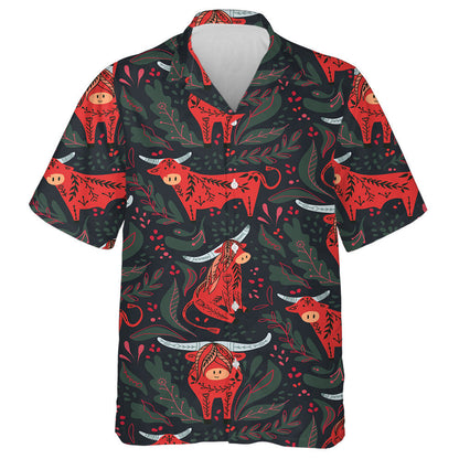 Funny Red Cow With Tribal Ornaments Hawaiian Shirt,Hawaiian Shirt Gift, Christmas Gift
