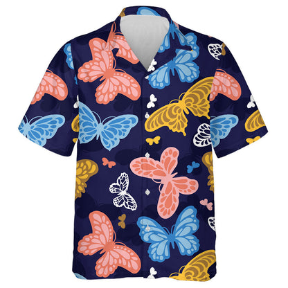 Theme Fantasy Butterflies Hand Drawn On Dark Hawaiian Shirt, Hawaiian Shirt Gift, Christmas Gift