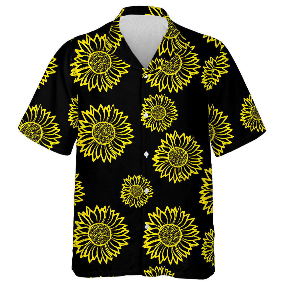 Yellow Outline Sunflowers On Black Backdrop Hawaiian Shirt, Hwaiian For Gift