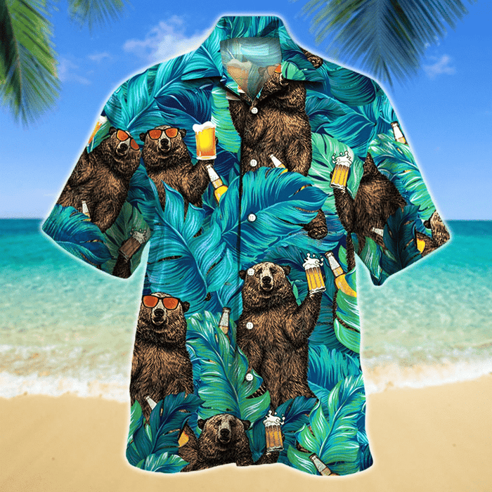 Bear With Beer Tropical Leave Lovers Gift Hawaiian Shirt, Hawaiian Shirt Gift, Christmas Gift