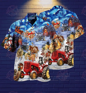 Farmer Night Christmas Lovely Animals Pattern Hawaiian Shirt, Hawaiian Shirt, Christmas Gift