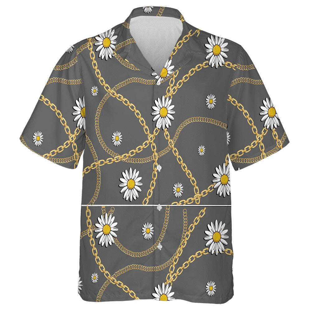 Golden Chain White Daisy On Gray Background Hawaiian Shirt, Hawaiian Shirt Gift, Christmas Gift