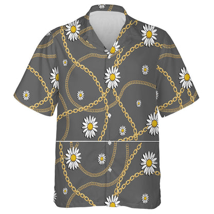 Golden Chain White Daisy On Gray Background Hawaiian Shirt, Hawaiian Shirt Gift, Christmas Gift