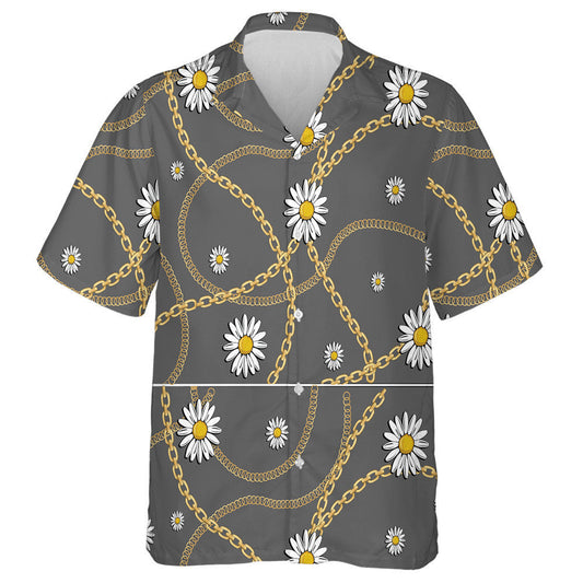 Golden Chain White Daisy On Gray Background Hawaiian Shirt, Hawaiian Shirt Gift, Christmas Gift