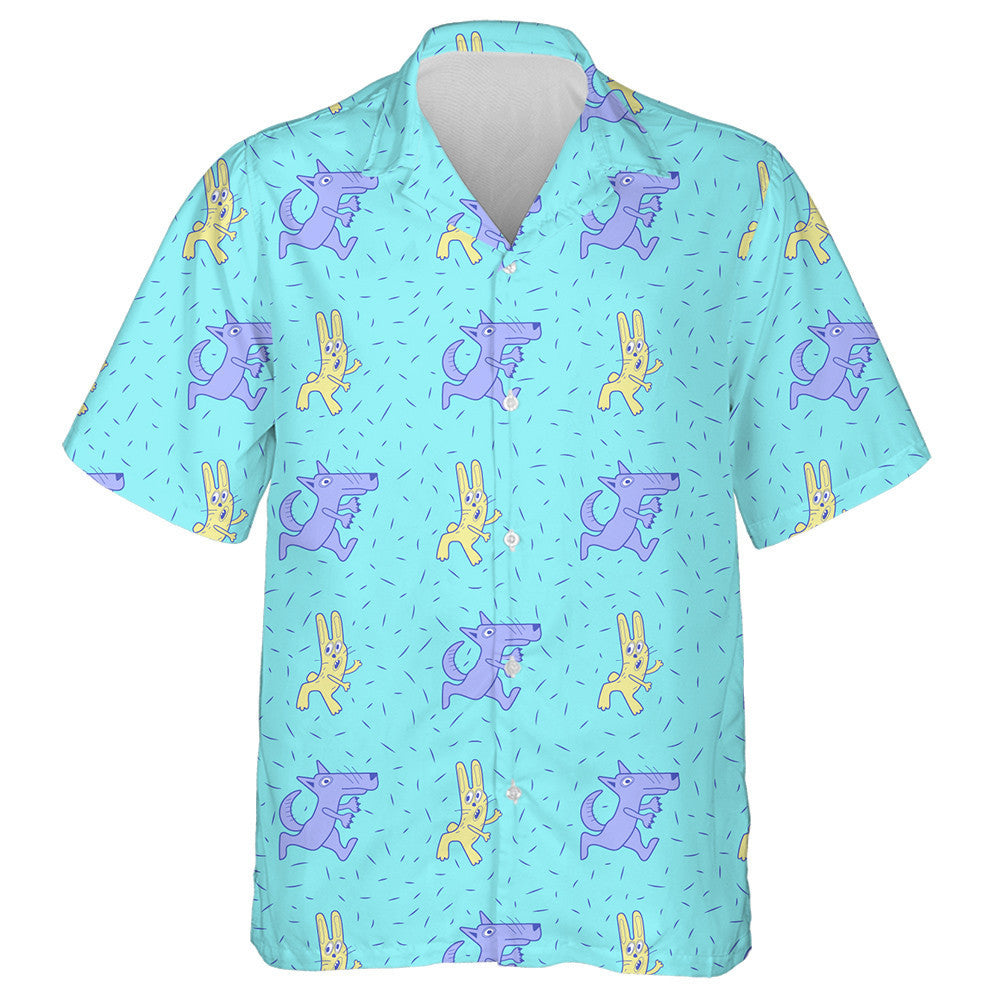Cartoon Purple Wolf Running After Hares Hawaiian Shirt, Hawaiian Shirt Gift, Christmas Gift