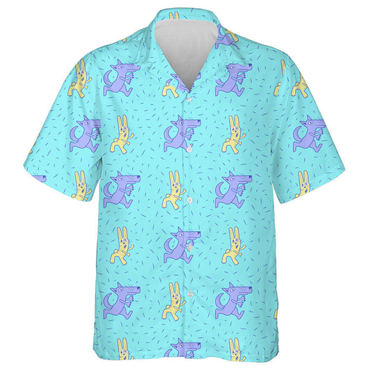 Cartoon Purple Wolf Running After Hares Hawaiian Shirt, Hawaiian Shirt Gift, Christmas Gift