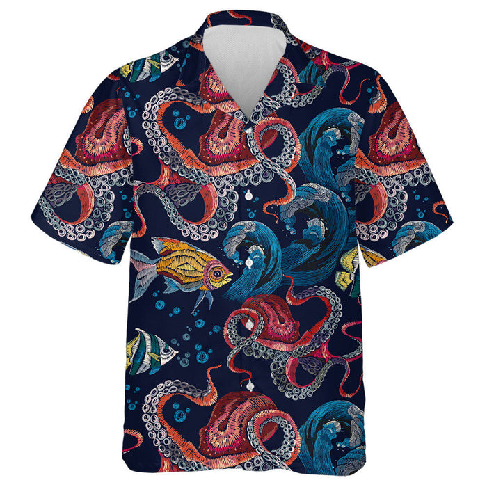 Embroidery Octopus Sea Waves Tropical Fishes Watercolor Design Hawaiian Shirt, Hawaiian Shirt Gift, Christmas Gift