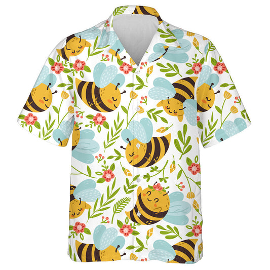 Cute Bees Cartoon Insects And Summer Flowers Hawaiian Shirt, Hawaiian Shirt Gift, Christmas Gift