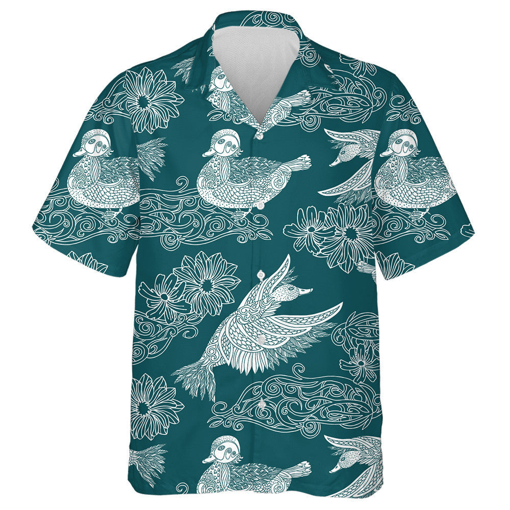 Hand Drawn Vintage Ducks And Flowers Ornament Hawaiian Shirt, Hawaiian Shirt Gift, Christmas Gift