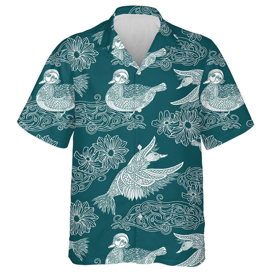Hand Drawn Vintage Ducks And Flowers Ornament Hawaiian Shirt, Hawaiian Shirt Gift, Christmas Gift